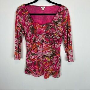 Christopher and Banks Pink and Orange layered mesh 3/4 sleeve spring top XL
